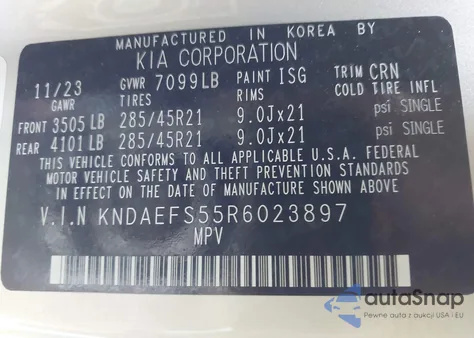 2024 Kia Ev9 Gt-Line z USA, uszkodzony, nr VIN KNDAEFS55R6023897